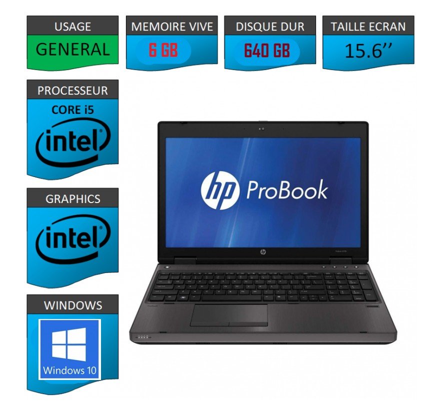 HP	PROBOOK 6560b Intel Core i5-2410M  @ 2.30 GHz, 6 go ram d...
