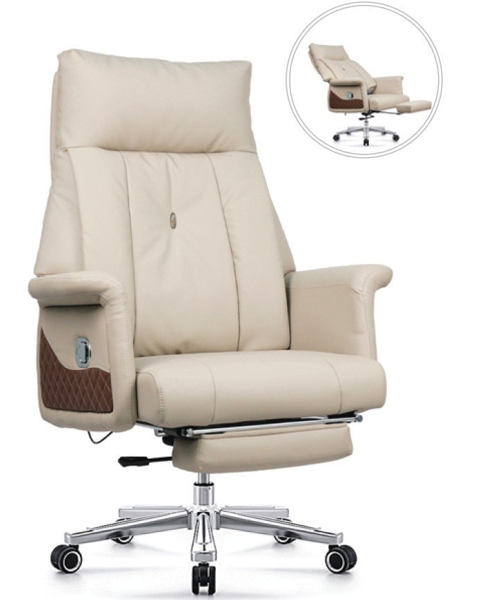 Chaise de direction ergonomique luxe cuir beige avec repose-pieds rétractable