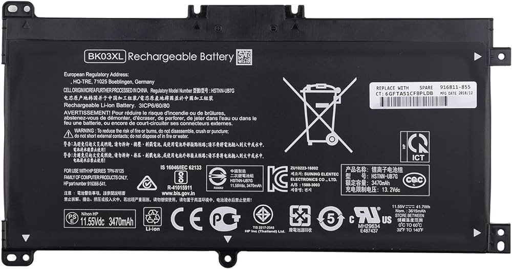 BATTERIE ORDINATEUR PORTABLE - BK03XL POUR LAPTOPS HP TPN-W125; HP PAVILION X360 14-BA; PAVILION X360 14-BA033TX; PAVILION X360 14-BA034TX; PAVILION X360 14-BA035TX; PAVILION X360 14-BA036TX; HSTNN-LB7S; HSTNN-UB7G; 916366-421; 916811-855